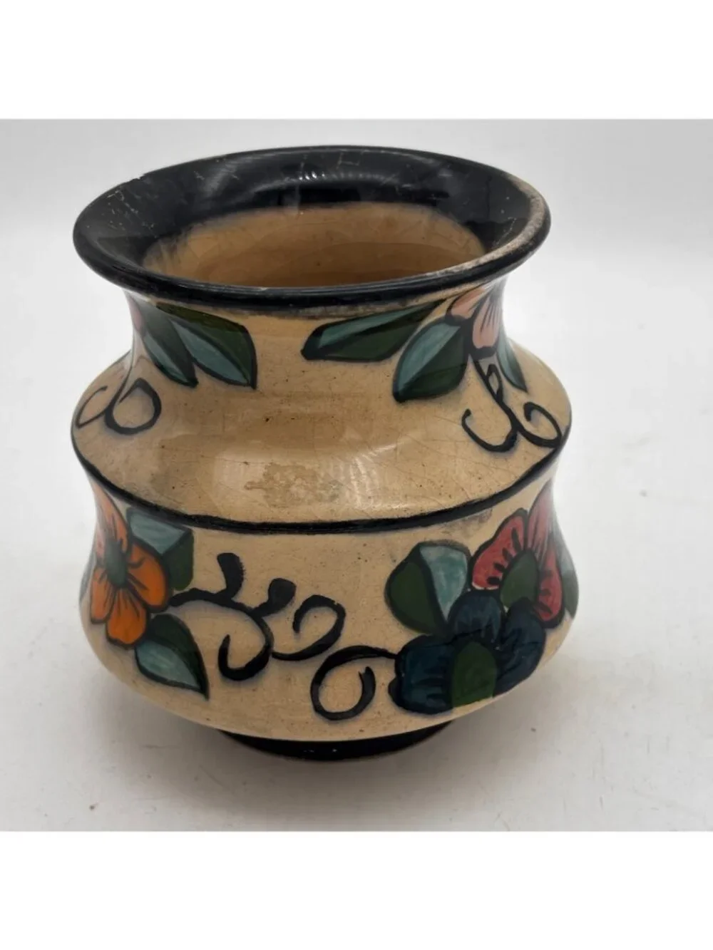 Vintage Hand Painted Floral Pottery Vase Multicolor Flowers Boho Rustic Decor
